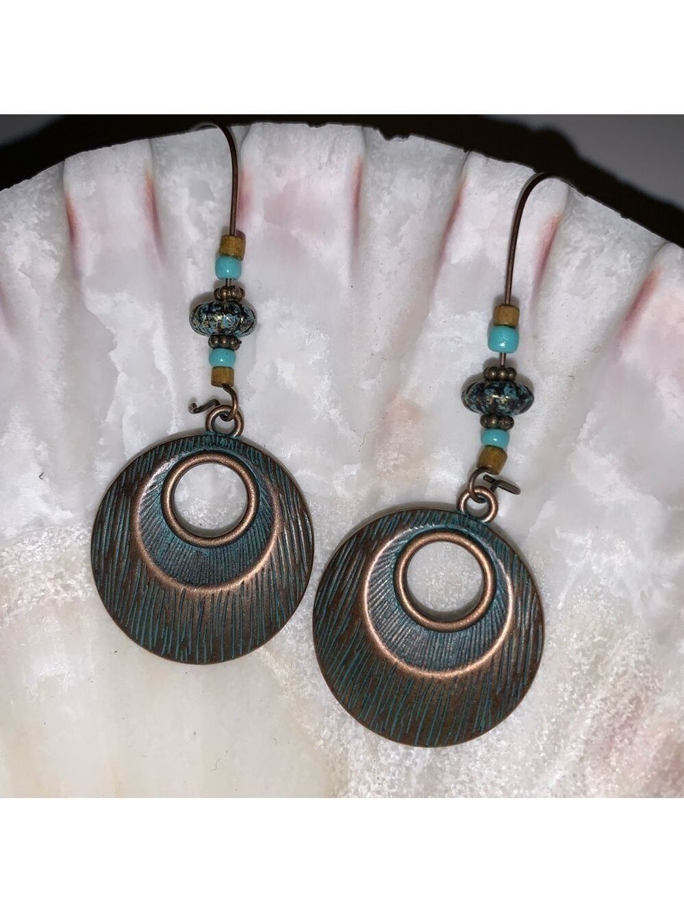 Large Oxidized Copper Turquoise Beaded Dangle Drop Earrings Bohemian Statement